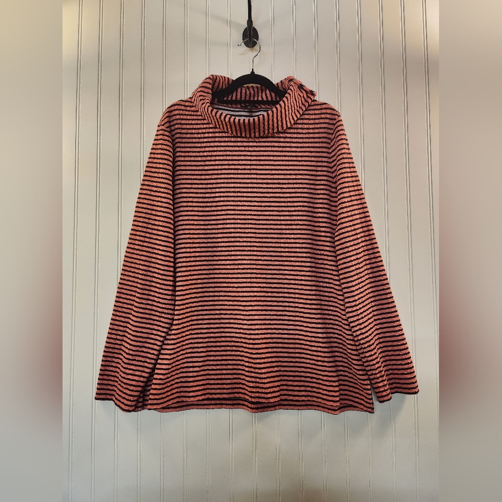 Talbots Women's Pink Black Stripe Waffle Textured Cowl Neck Tunic Top Size XL‎
